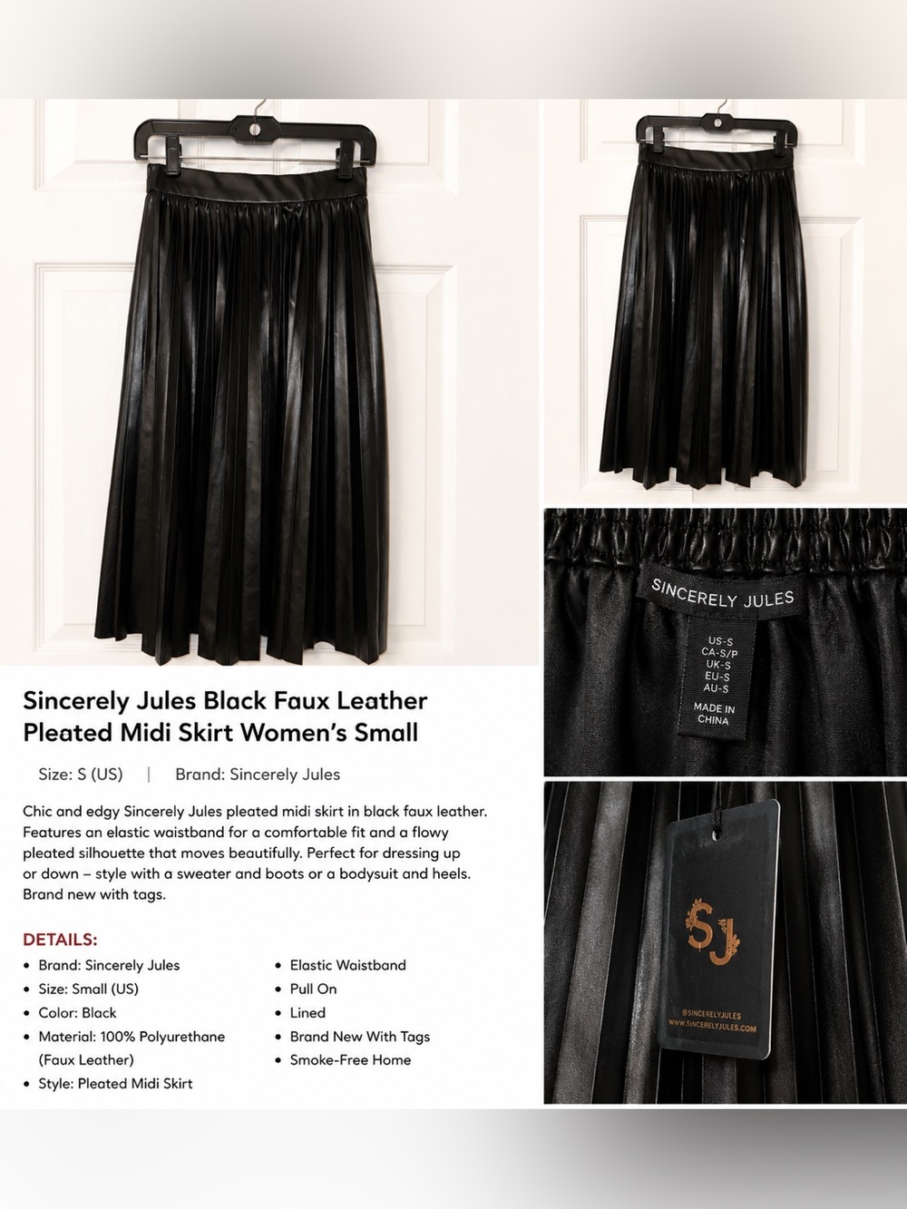 Sincerely Jules Black Faux Leather Pleated Midi Skirt